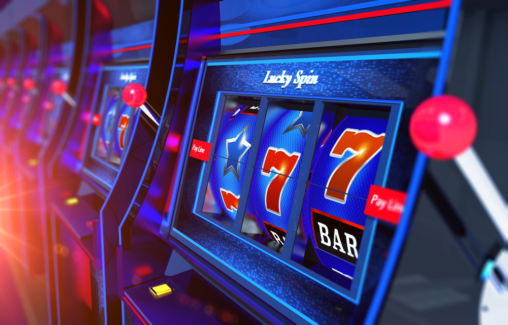 Row of Slot Machines 3D Rendered Illustration. Vegas Gambling Concept