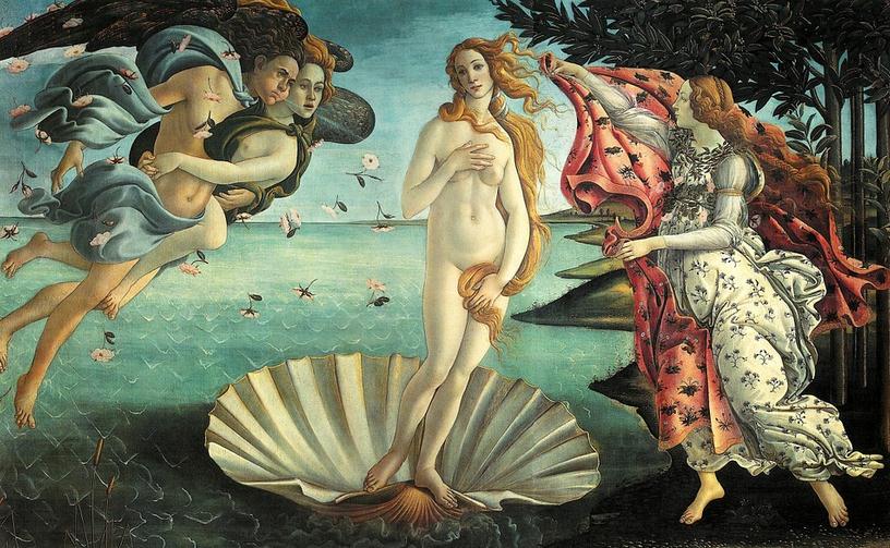 The Birth of Venus painting, naked woman, sea, three people staring at the woman, a woman standing on a shell