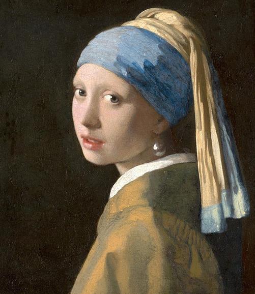 The Girl with A Pearl Earring painting, a woman wearing brown cloth, blue turban, pearl earring