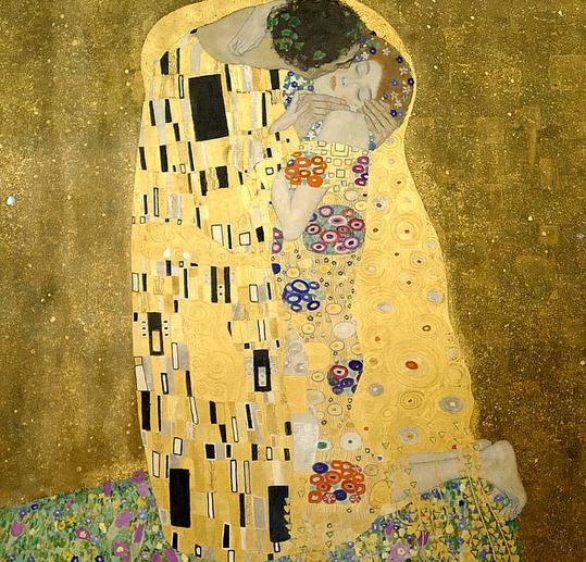 The Kiss painting, a man kissing a woman, with color as a dominant color in the painting 