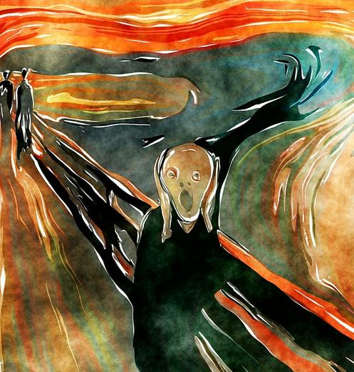 The Scream painting, a man screaming, two people behind the screaming man, orange and black colors